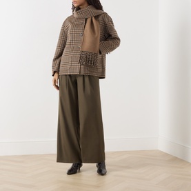 Model wearing Vivere Olive Green wide-leg trousers, styled with a brown houndstooth jacket and fringe scarf, black ankle boots