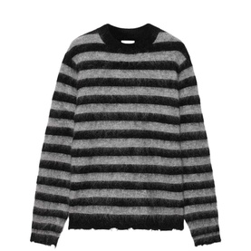 All Saints black and monument grey striped mohair-blend crew neck jumper with distressed hem detailing