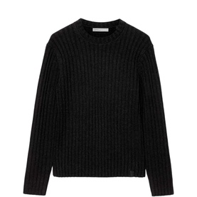 All Saints cinder black ribbed knit crew neck jumper with long sleeves, flat lay product shot
