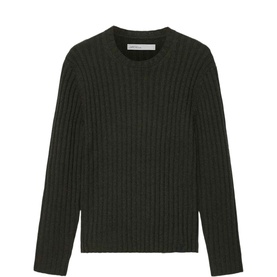 All Saints dark khaki green ribbed knit crew neck sweater with long sleeves, flat lay view