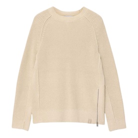 All Saints ecru white chunky knit crew-neck jumper with ribbed raglan sleeves and zip hem detail