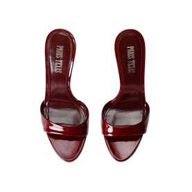 Paris Texas red patent leather mule heels, open toe, block heel, overhead flat lay view showing branded insole