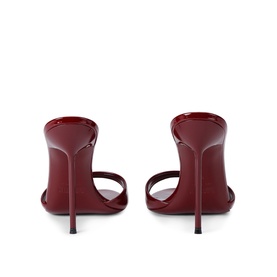 Paris Texas red patent leather stiletto mule sandals with double strap, shown from rear, featuring slender high heel