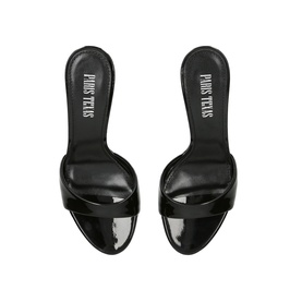Paris Texas black patent leather heeled mule sandals with wide toe strap, viewed from above showing branded insoles