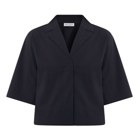 Marc O Polo Woven Cropped Blouse in black with notch lapel collar, half-length sleeves, and concealed front fastening
