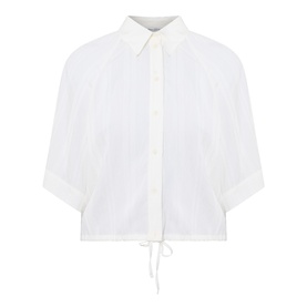 Marc O Polo Textured Drawstring Blouse in white, kent collar, half-length sleeves, front button fastening, drawstring hem, crinkle texture