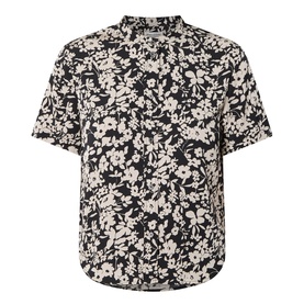 Marc O Polo Floral Fluid Blouse in black multi, short sleeves, standing collar, dropped shoulders, floral print, slightly rounded hem
