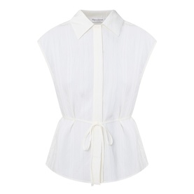 Marc O Polo Textured Waist-Tie Blouse in white, sleeveless with kent collar, concealed button placket, waist tie, and crinkle texture