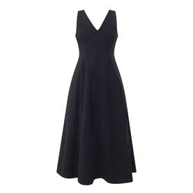 Marc O Polo Woven Flared Dress in black; sleeveless V-neckline, fitted waist, full flared midi skirt, woven construction