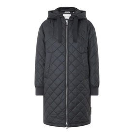Marc O'Polo black quilted longline coat with drawstring hood and zip fastening, ribbed cuffs