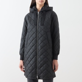 Model wearing Marc O Polo black quilted hooded longline coat with zip fastening and ribbed cuffs