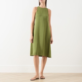Model wearing Marc O Polo Shaded Fern sleeveless midi dress in A-line silhouette with round neckline, styled with flat sandals.