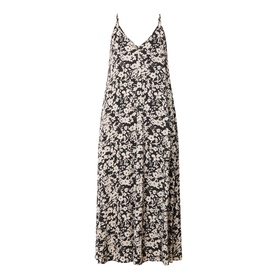 Marc O Polo black multi floral print midi slip dress with V-neck, thin straps, and tiered skirt in 100% viscose