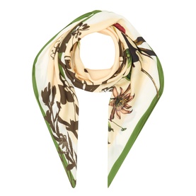 Marc O Polo light beige multicolour scarf with floral botanical print and green border edge detail, laid flat in diamond shape