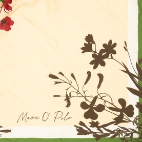 Marc O Polo light beige scarf with dark brown floral silhouette print and red flower detail on green-bordered corner