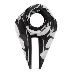 Marc O Polo Printed Logo Scarf in black and white, wrap-style with bold floral print, logo lettering, and clean woven edges