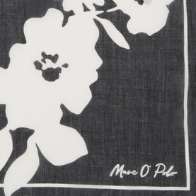 Marc O Polo Printed Logo Scarf in black and white, featuring large floral print, logo lettering, and clean border edges