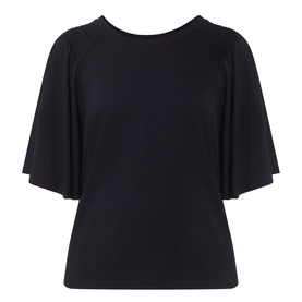 Marc O Polo black flutter-sleeve T-shirt in viscose-elastane blend, featuring wide batwing sleeves and round neckline