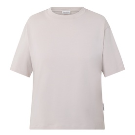 Marc O Polo Solid Relaxed T-Shirt in Linen Beige, round neckline, dropped shoulders, short sleeves, straight hem with logo tag