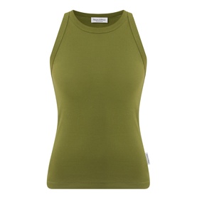 Marc O Polo Solid Logo Tank Top in Shaded Fern, sleeveless with round neckline, wide straps, straight hem and logo tab detail