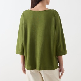 Model wearing Marc O Polo Shaded Fern cotton T-shirt, rear view, showing relaxed fit, boat neckline and three-quarter sleeves