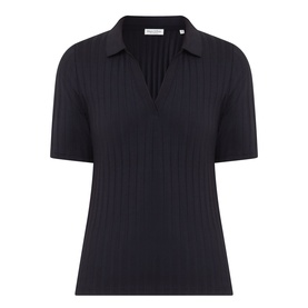 Marc O Polo Pointelle Polo Sweater in black, polo collar, open V-neckline, short sleeves, ribbed knit construction
