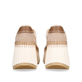Beige suede wedge shoes, rear view, whipstitch detailing, ribbed cream platform sole