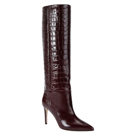 Deep burgundy croc-embossed leather knee-high stiletto boot with pointed toe and fold-over cuff detail, natural sole