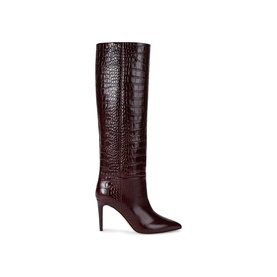 Dark burgundy croc-embossed leather knee-high stiletto boots with pointed toe and smooth heel counter