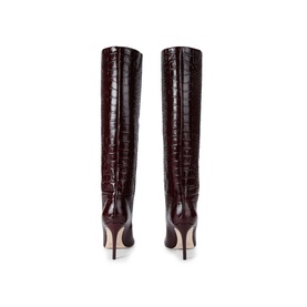 Burgundy croc-embossed leather knee-high boots, back view, featuring metallic stiletto heel with decorative cut-out detail