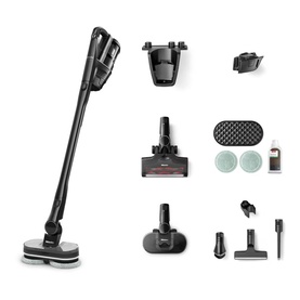 Miele Triflex HX3 Vacuum Cleaner Aqua in black, shown with full accessory set including mop head, brushes and charging dock