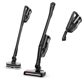 Miele Triflex HX3 Vacuum Cleaner Aqua in black, shown in three configurations: upright stick, standard stick, and handheld mode