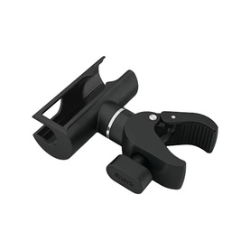 Black clamp-style mounting bracket with adjustable grip and rotational joint, suitable for securing accessories to rails or stands