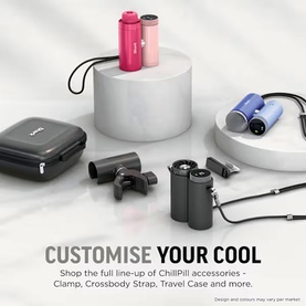 ChillPill accessories lineup including pink and blue bottles, clamp, crossbody strap, and travel case on marble surface