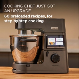 Kenwood Cooking Chef XL Stand Mixer 6.7L in anthracite grey with stainless steel bowl and touchscreen display on wooden surface