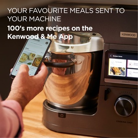 Kenwood Cooking Chef XL Stand Mixer 6.7L in anthracite grey with touchscreen display, shown alongside a smartphone displaying the Kenwood & Me App