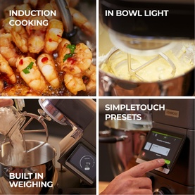 Kenwood Cooking Chef XL Stand Mixer in grey, showing induction cooking, in-bowl light, built-in weighing, and SimpleTouch presets features