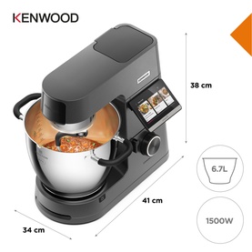 Kenwood Cooking Chef XL Stand Mixer 6.7L in anthracite grey with dimensions shown: 38cm tall, 41cm wide, 34cm deep. 1500W.