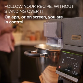 Kenwood Cooking Chef XL Stand Mixer in grey anthracite with touchscreen display, shown in kitchen lifestyle setting with mixing bowl attached.