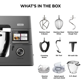 Kenwood Cooking Chef XL Stand Mixer 6.7L in grey with accessories: K-beater, whisk, dough tool, creaming beater, stir tool, steamer basket
