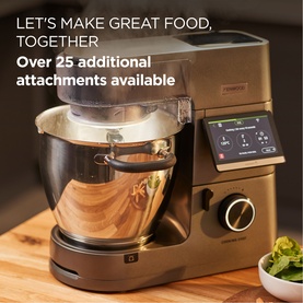 Kenwood Cooking Chef XL Stand Mixer 6.7L in anthracite grey with digital display, mixing bowl, and touch controls on wooden surface