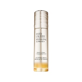 Est&eacute;e Lauder Revitalizing Supreme+ Sculpting Serum in a gold-capped clear bottle with gold label detailing