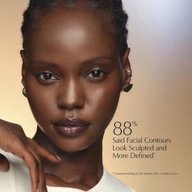 Model wearing Estee Lauder serum, close-up showcasing sculpted, defined facial contours with 88% efficacy claim overlay.