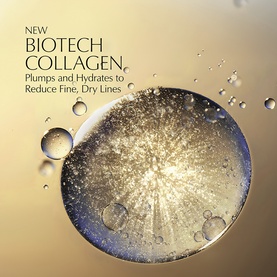 Est&eacute;e Lauder Biotech Collagen serum shown as golden droplet sphere with text highlighting fine line and hydration benefits