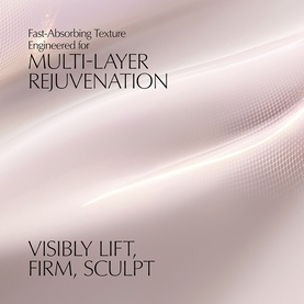 Est&eacute;e Lauder serum campaign graphic highlighting multi-layer rejuvenation with fast-absorbing texture, lift, firm and sculpt claims.