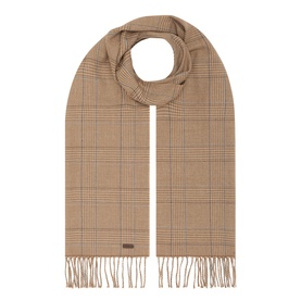 Eton Logo Check Fringe Scarf in brown wool-cashmere blend with glen check pattern, fringed ends, and small metal logo plaque.