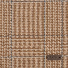 Eton Logo Check Fringe Scarf in brown wool-cashmere, close-up of houndstooth glen check weave with metal logo plaque detail