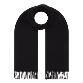 Eton Solid Fringe Scarf in black, wool-cashmere blend with fringed ends, oblong shape, laid flat on white background.