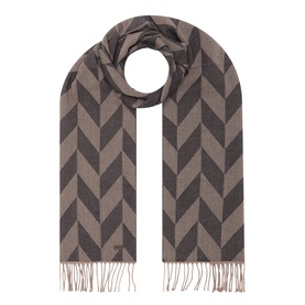 Eton Logo Chevron Fringe Scarf in brown wool with geometric chevron pattern, fringed ends, and metal logo plaque