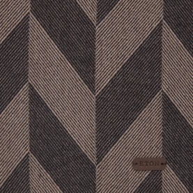 Eton Logo Chevron Fringe Scarf in brown, close-up of geometric chevron wool weave with metal logo plaque detail